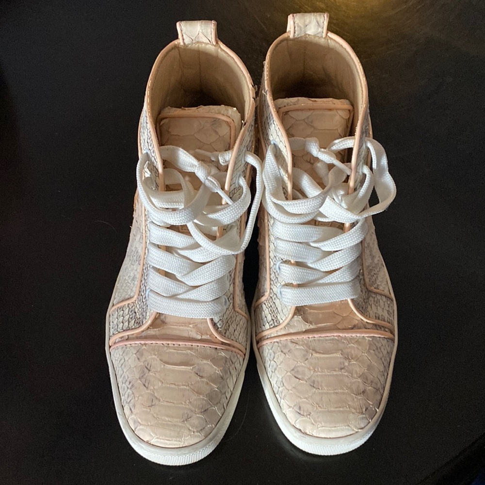 Christian Louboutin Beige Python-Texture High-Top Sneakers